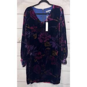 Trina Turk NWT MED Eclaire Dress Velvet Floral Long Sleeve Black w/ Plum Colors